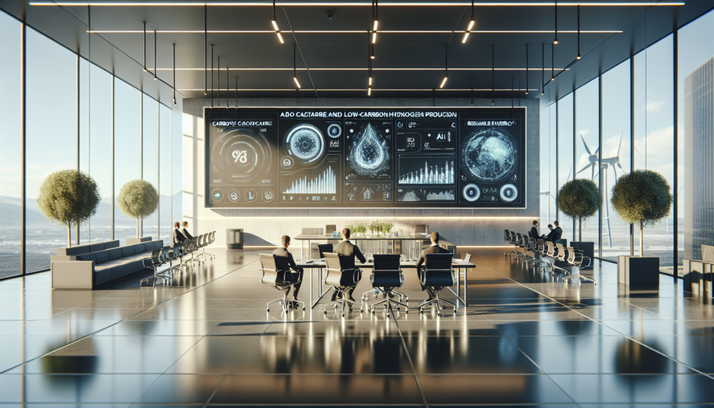 Réunion moderne entre ADNOC, Masdar et Microsoft dans une salle high-tech, avec écrans numériques sur l'IA et l'énergie renouvelable.