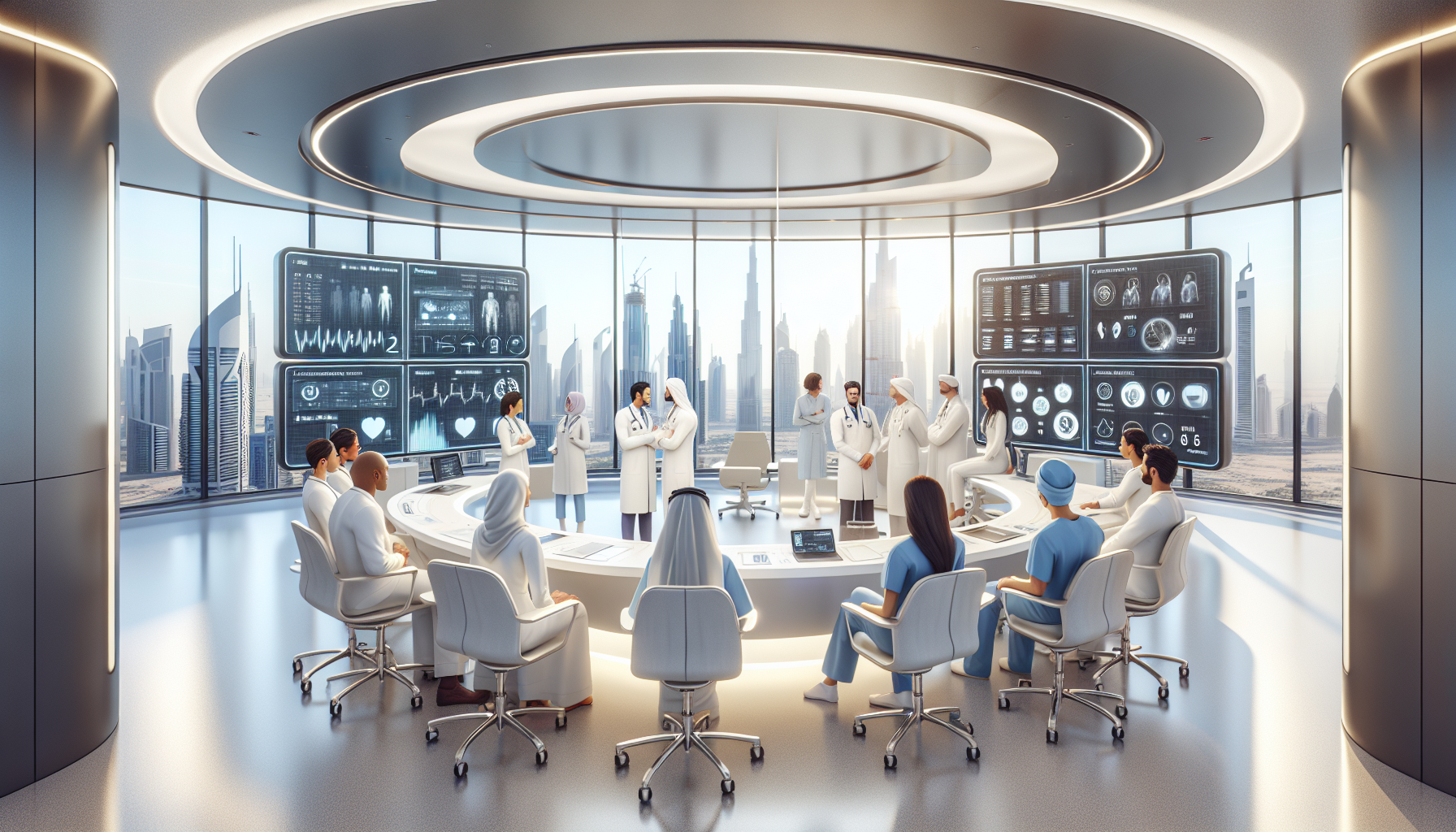Salle de santé moderne aux Émirats avec une équipe médicale diversifiée discutant autour d'équipements high-tech et d'écrans numériques.