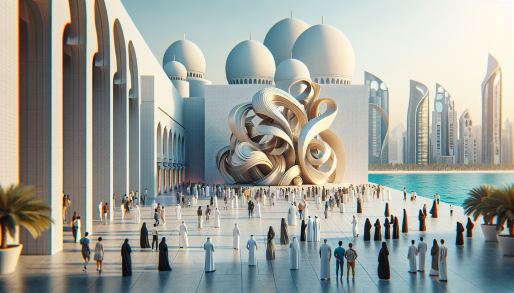 Sining na ekspozisyon sa Corniche ng Abu Dhabi na nagpapakita ng makukulay na modernong iskultura at masiglang pakikipag-ugnayan ng mga tao.