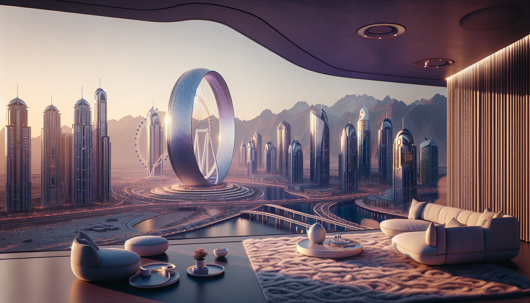 Vue captivante du skyline de Dubaï au crépuscule, mettant en avant l'architecture moderne, le musée du futur, Ain Dubaï et des éléments de nature.