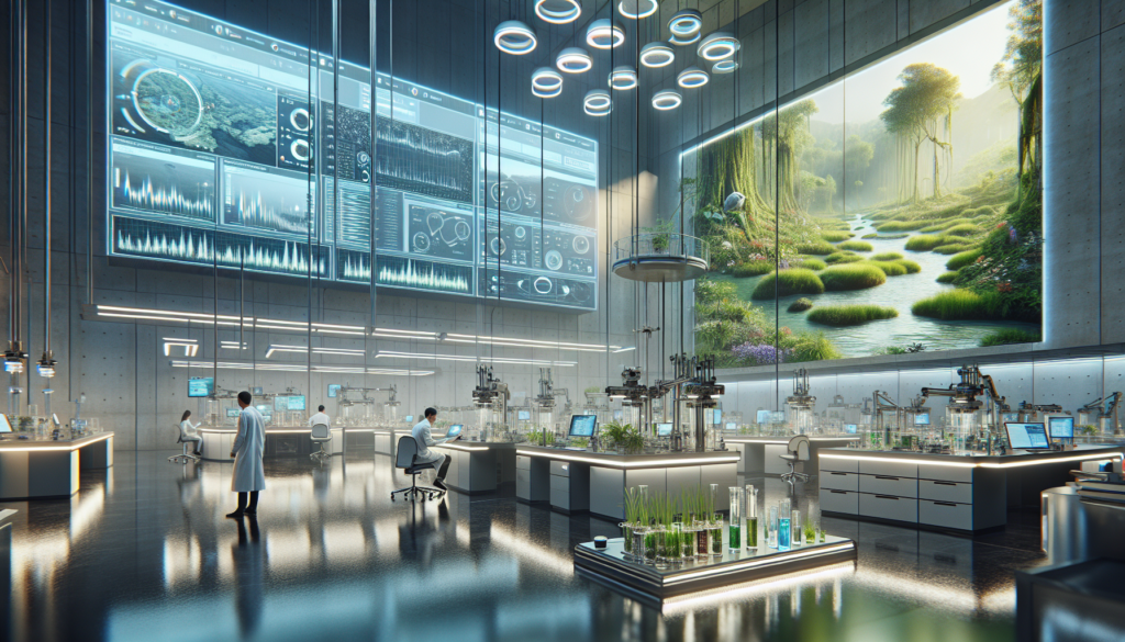 Scientifiques travaillant à une station moderne de surveillance de la qualité de l'eau à Dubaï, avec des instruments de mesure avancés et une vue sur la réserve naturelle de Ras Al Khor.