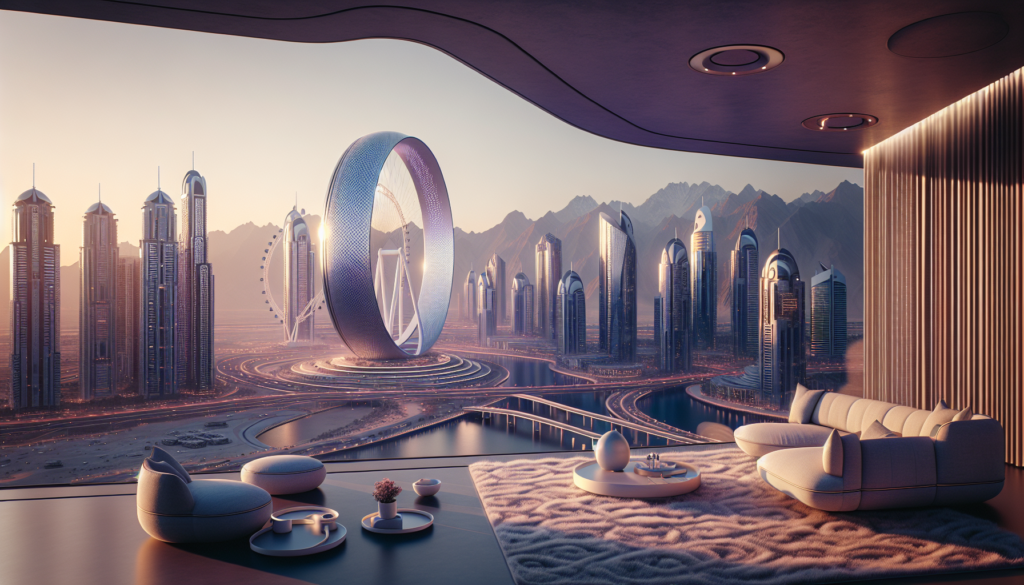 Tanawin ng skyline ng Dubai sa gabing may kakaibang arkitektura at mga kilalang tanawin tulad ng Museo ng Hinaharap at Ain Dubai.