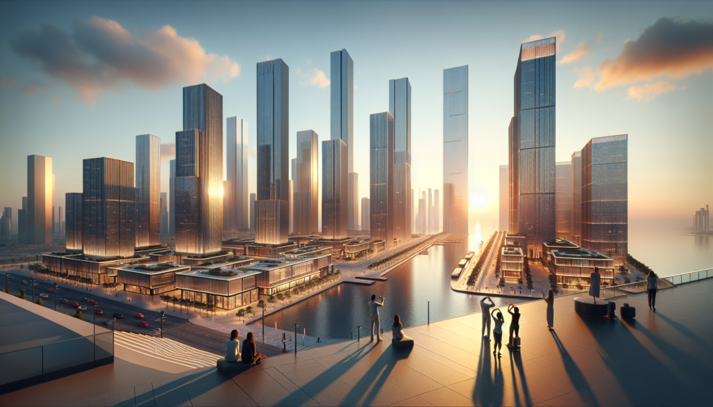 Tanawin ng modernong skyline ng Dubai sa pagsikat ng araw, na may mga sikat na skyscraper tulad ng Burj Khalifa at mga turista na kumukuha ng larawan.