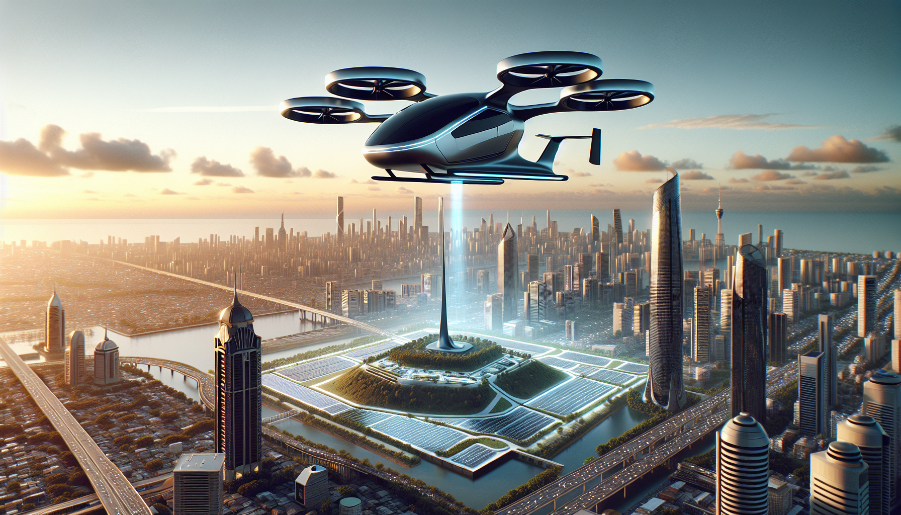 Taxi aérien électrique survolant la skyline de Dubaï, avec des monuments emblématiques comme le Burj Khalifa et Palm Jumeirah, symbolisant l'innovation et la durabilité.