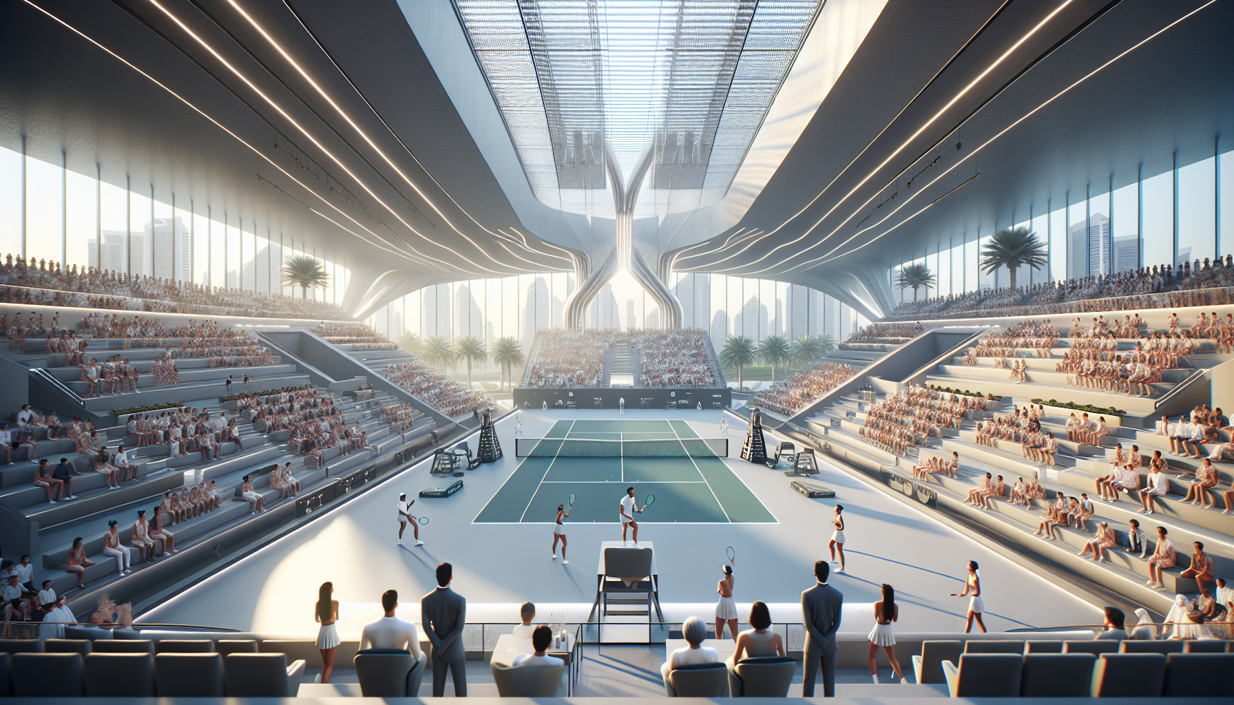 Isang masiglang laban ng tennis sa Dubai stadyum na nagtatampok ng dalawang nangungunang manlalaro at masiglang mga tagapanood.