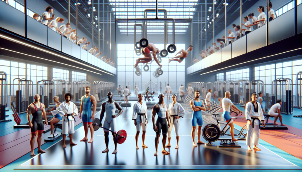 UAE athletes intensively training in a modern facility, showcasing dedication in disciplines like equestrian, judo, cycling, swimming, and athletics.