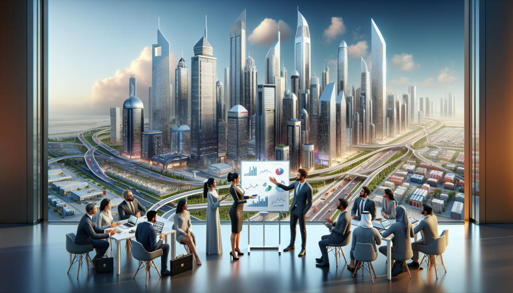 Dynamic business environment in a modern UAE city showcasing professionals discussing economic growth with digital technology.