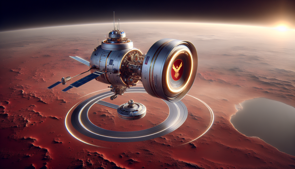Hyperrealistic 3D rendering of the UAE's Hope Probe orbiting Mars, showcasing its scientific instruments against the red Martian landscape.