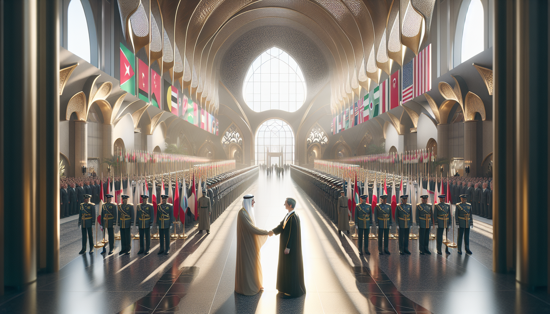 Diplomatic meeting scene at Amiri Airport featuring UAE President Sheikh Mohamed bin Zayed Al Nahyan and Emir of Kuwait Sheikh Mishal Al-Ahmad Al-Jaber Al-Sabah shaking hands under soft sunlight in a grand reception hall with national flags.