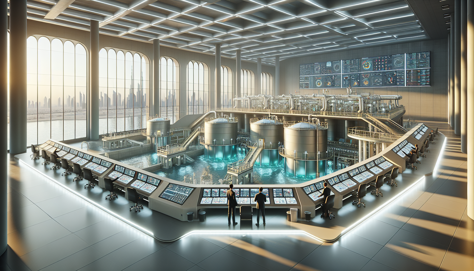 Usine de traitement des eaux usées à Dubaï opérée par Imdaad, présentant des technologies avancées et un intérieur moderne.