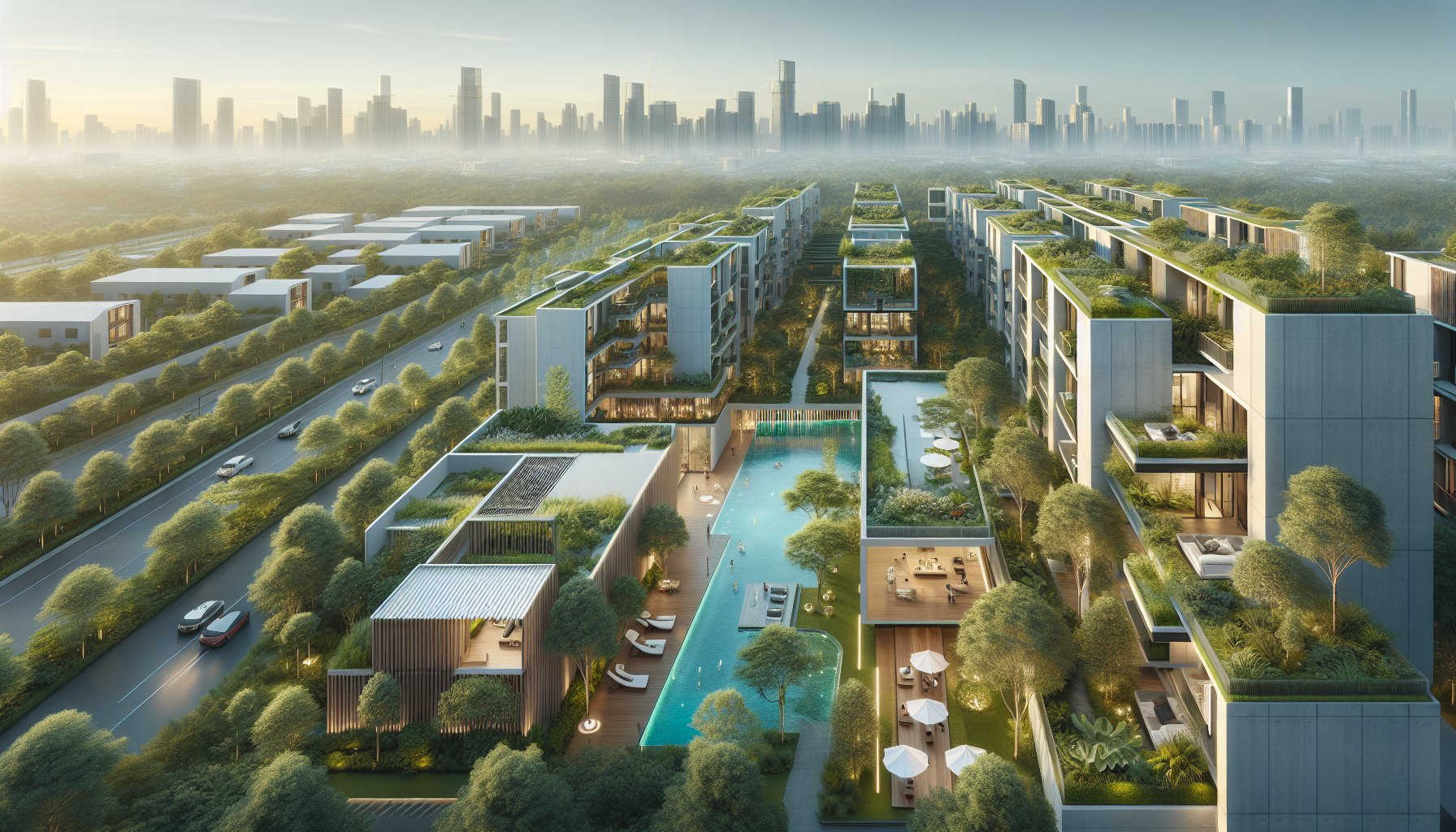 Complexe résidentiel Verdes à Dubaï avec architecture contemporaine, espaces verts, piscine et équipements durables.