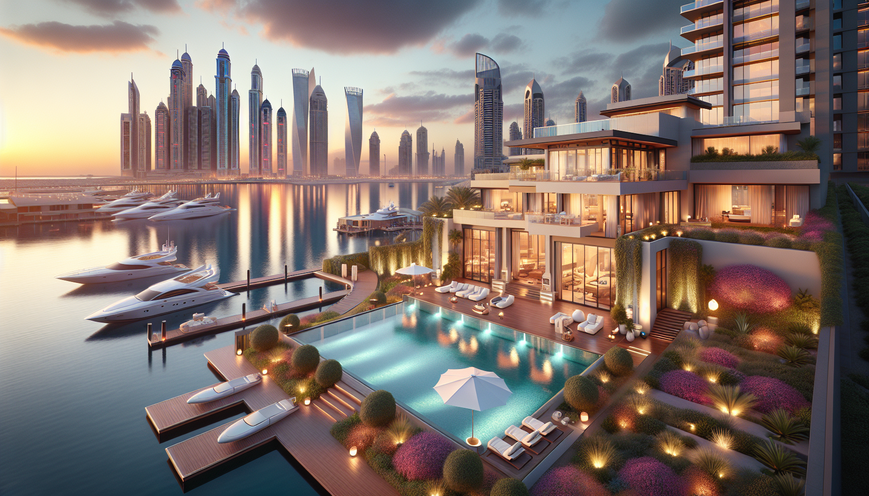 Villa luxueuse au bord de l'eau à Marsa Al Arab, Dubai, avec vue panoramique sur la mer arabe et piscine privée au coucher du soleil.