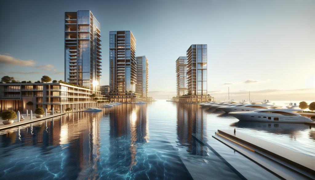 Luxurious waterfront scene of the W Residences at Dubai Harbour featuring sleek towers, an infinity pool, and elegant yachts.
