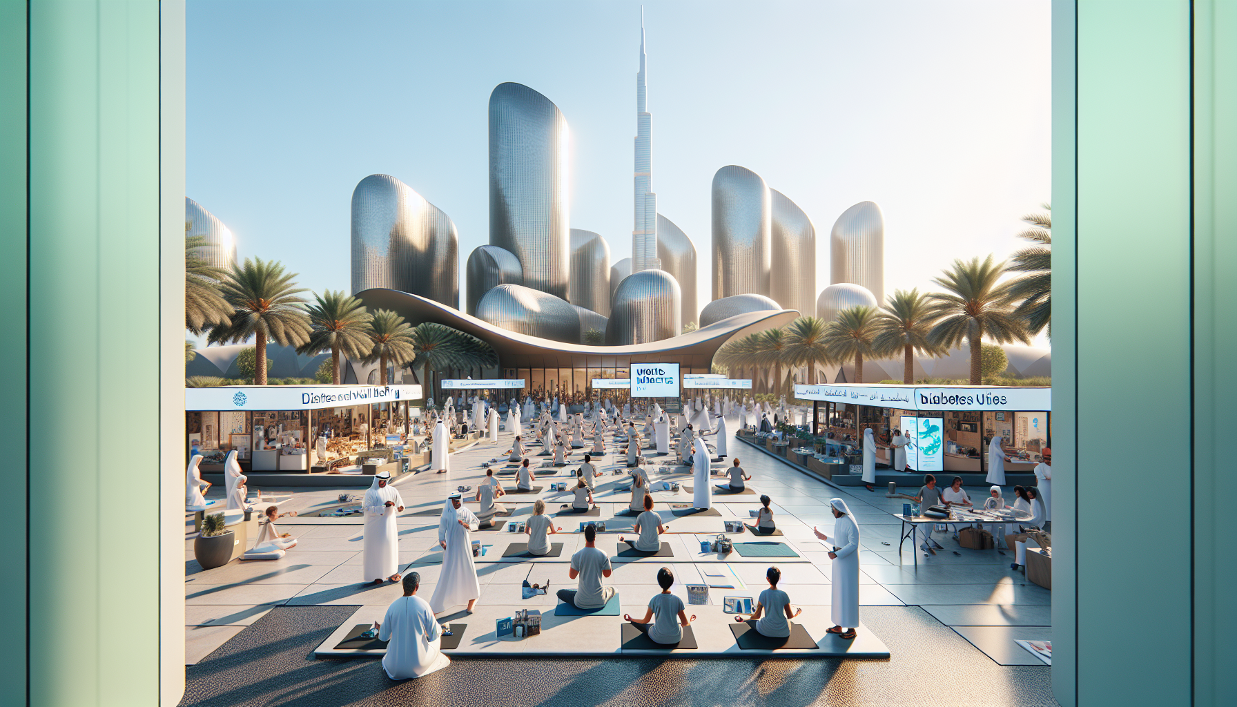 Outdoor health fair celebrating World Diabetes Day in the UAE with diverse attendees engaging in yoga, cooking workshops, and wellness consultations under clear skies.