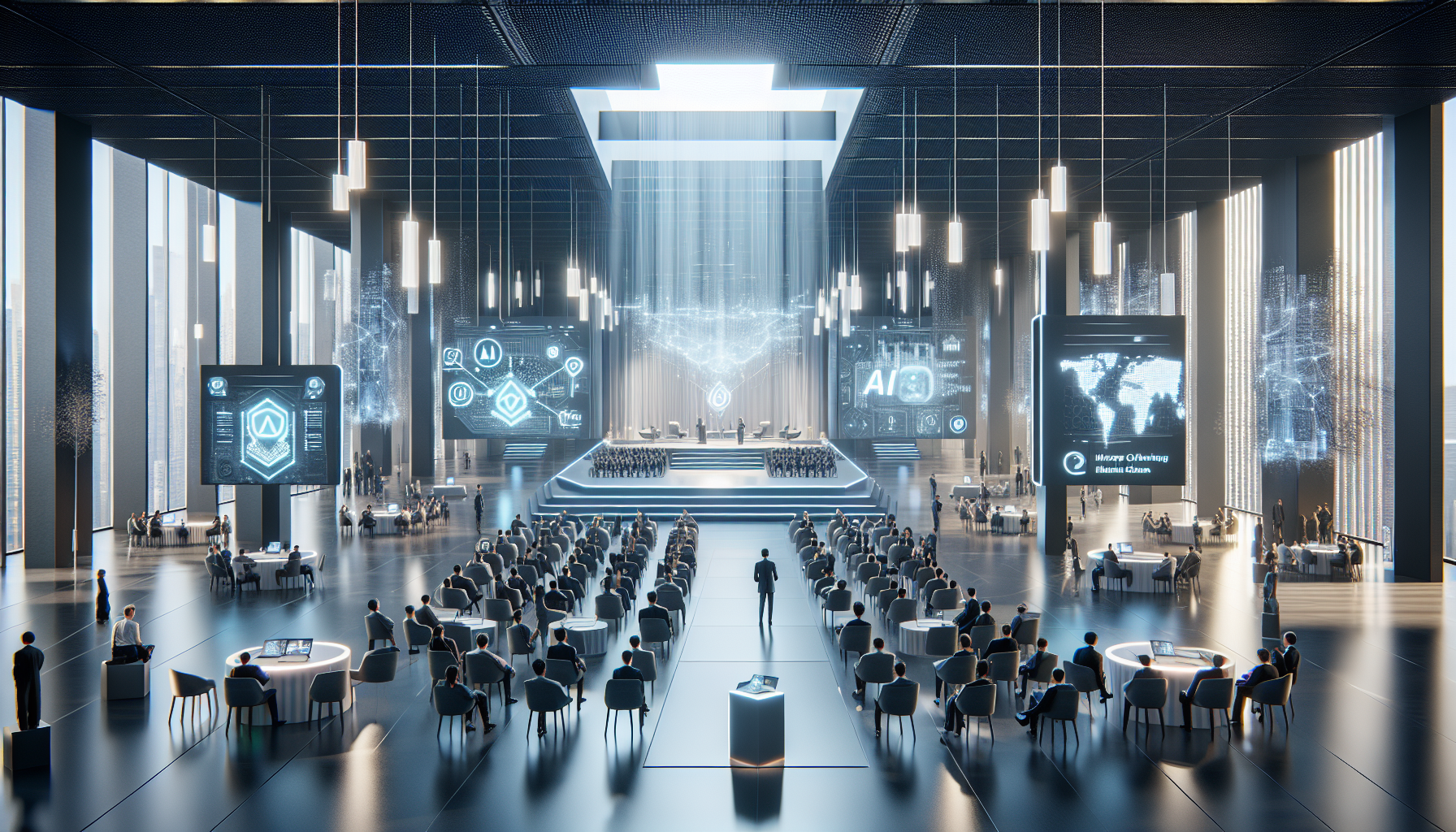 Будущее World Forum в Dusit Thani Dubai, где обсуждаются умные города и инновации технологий с выставками по ИИ и блокчейну, под мягким светом и современным дизайном.