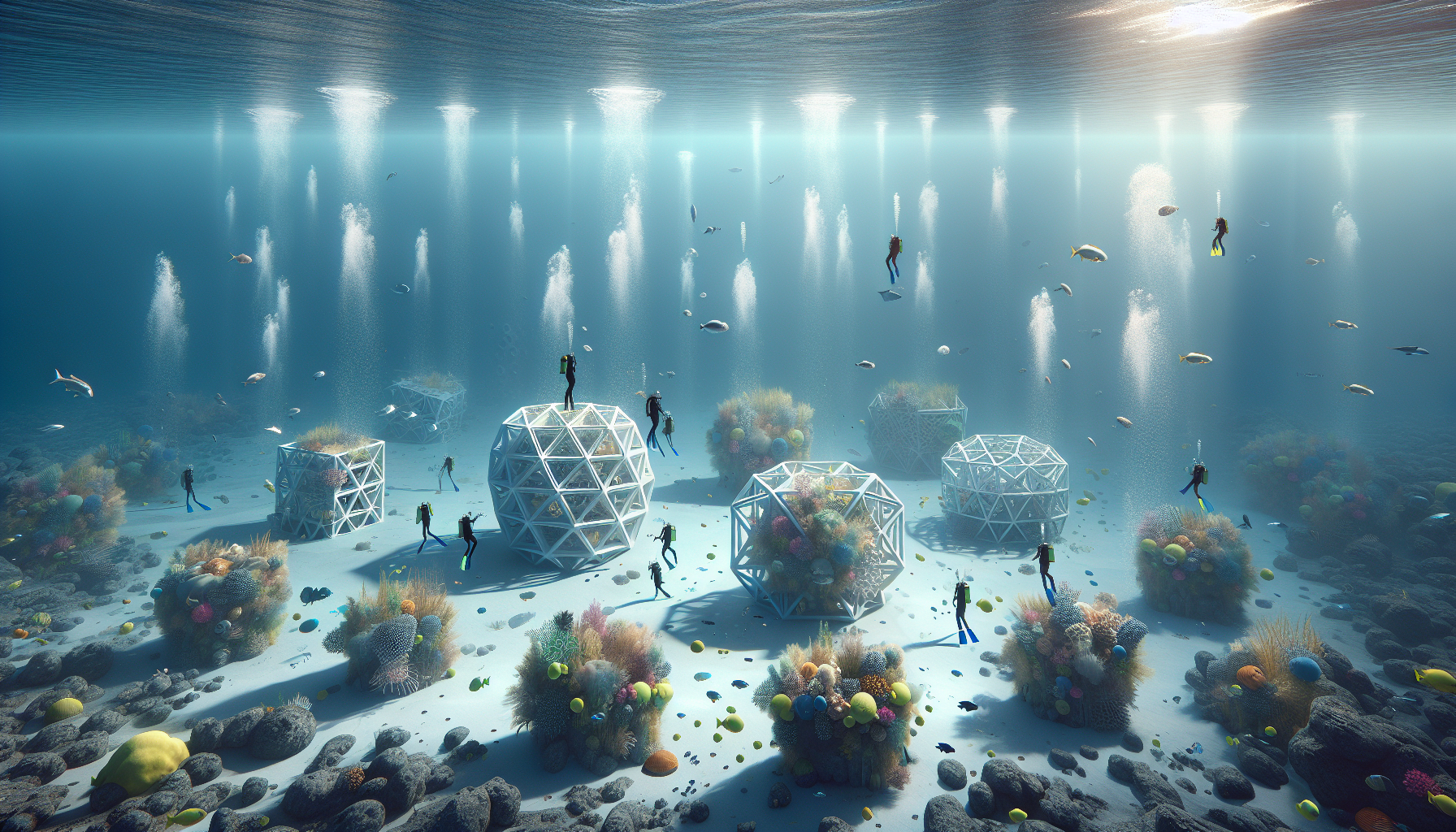 Уникальная подводная сцена установки искусственных рифов у побережья Умм Аль Кувейн с разнообразной морской жизнью и солнечными бликами.