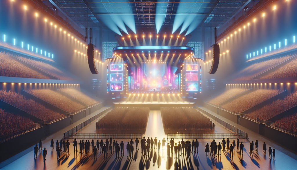 Сцена Большого концерта в Coca-Cola Arena Дубая, посвященная музыке Болливуда с насыщенной атмосферой ожидания и яркими огнями.