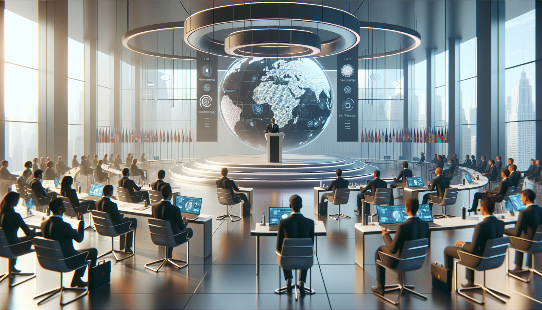 Форум Global Future Readiness: профессор Ховард Ю презентует на панели, вокруг деловые профессионалы и интерактивные голографические дисплеи.