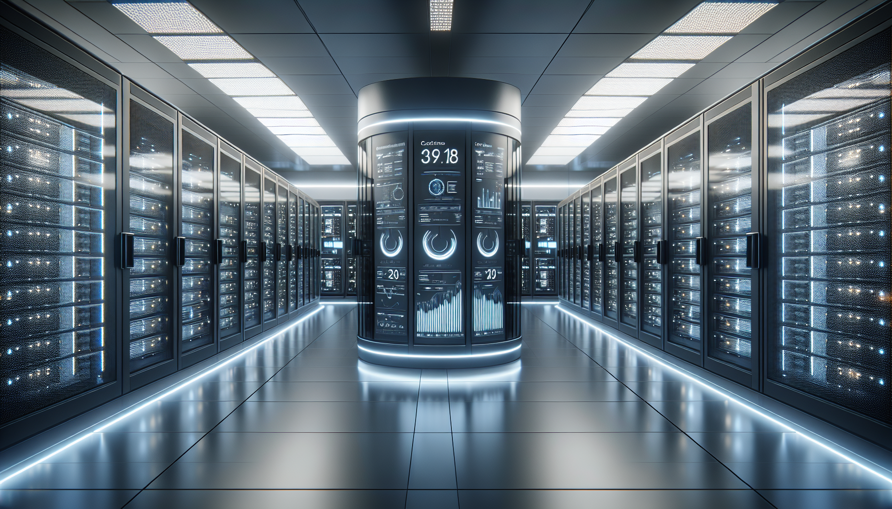 مركز بيانات مستقبلي يحتوي على رفوف خوادم أنيقة مع وحدات تحكم ذكاء اصطناعي تعرض واجهات ثلاثية الأبعاد وإعدادات حرارة ديناميكية.