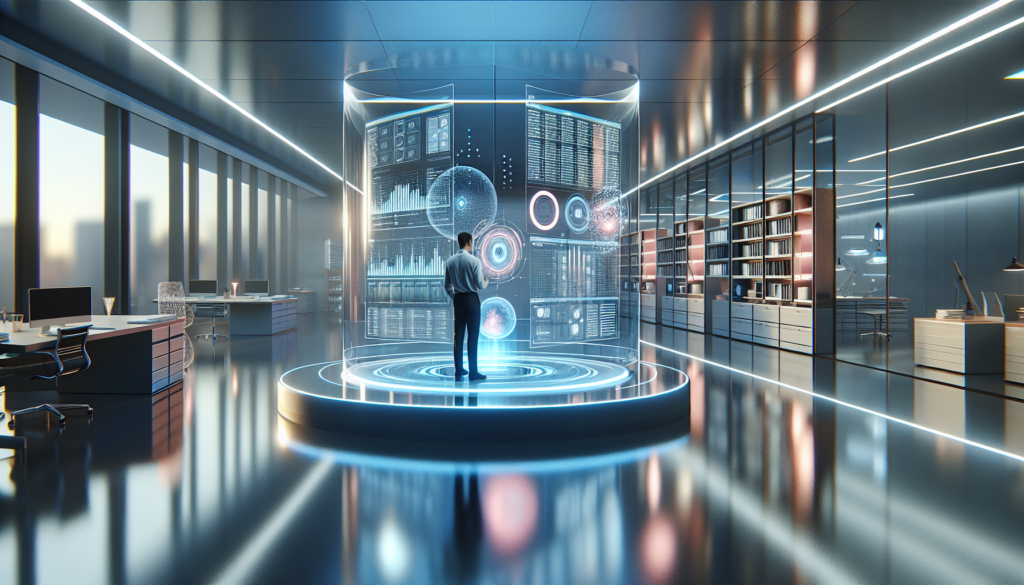 مكتب حديث يجسد بيئة مستقبلية مع شخص يستخدم واجهة رقمية تفاعلية لتحليل البيانات.