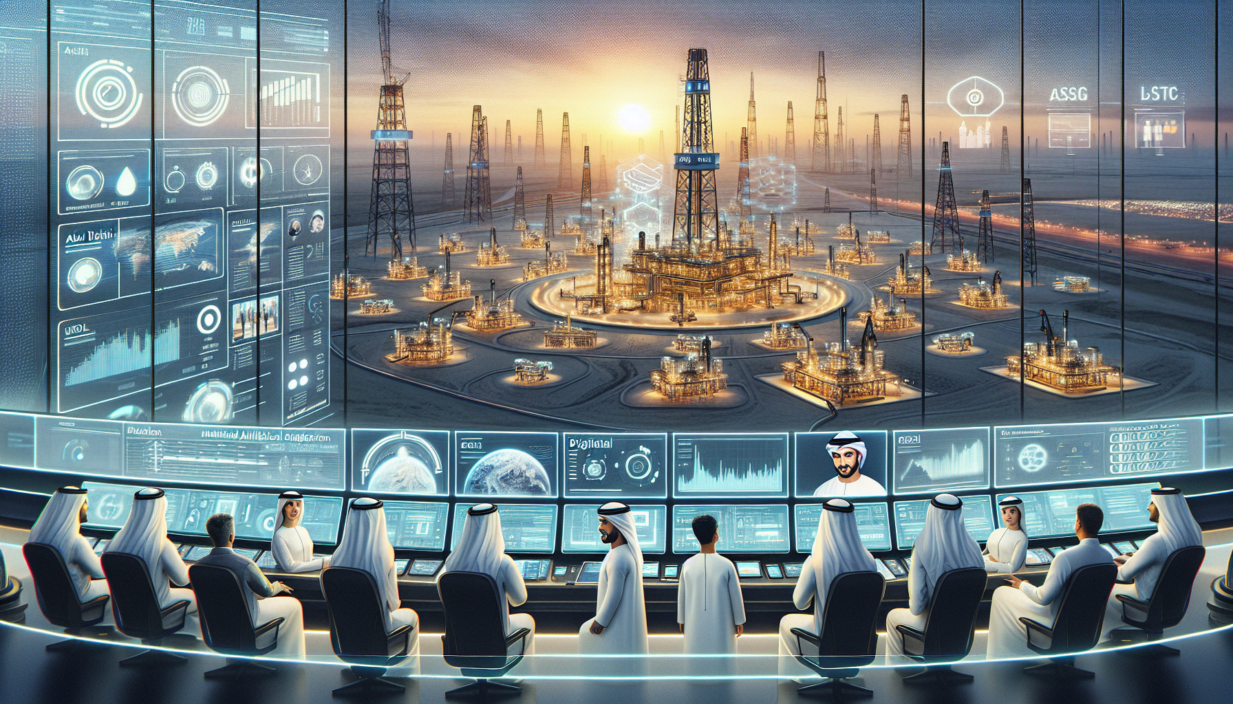 منظر مستقبلي لحقل نفط في أبوظبي يجسد دمج تقنيات الذكاء الاصطناعي و5G مع مهندسين يراقبون العمليات عبر شاشات هولوجرافية.