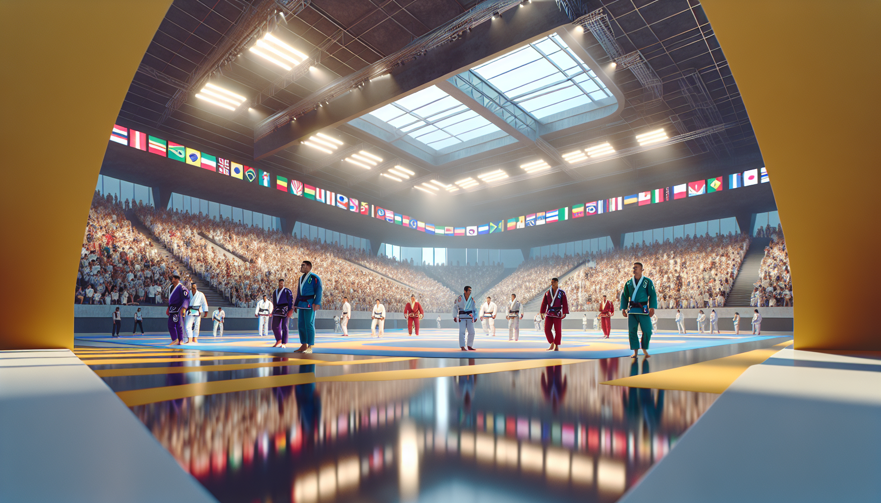 مشهد من مهرجان الجيو جي في أبو ظبي 2024 حيث يتنافس الرياضيون في جو حديث مع تفاعل الجمهور.