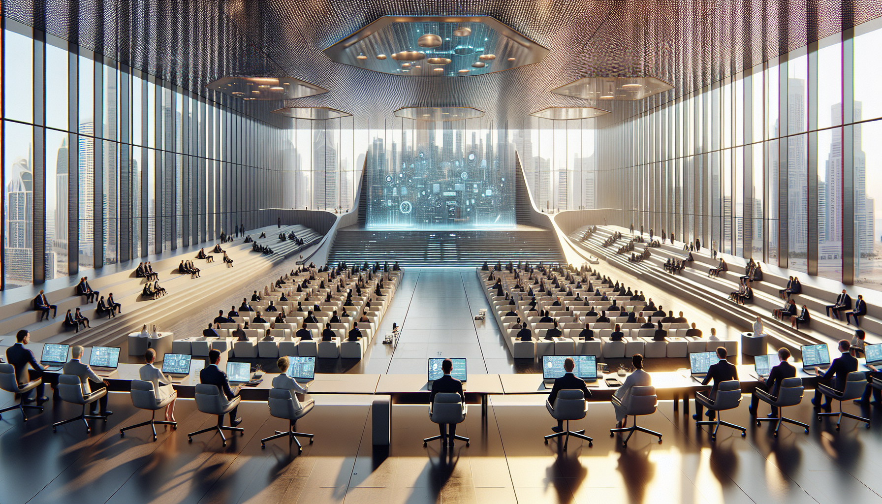 দুবাইয়ের আন্তর্জাতিক সম্মেলন কক্ষে মানসিক স্বাস্থ্য এবং চিকিৎসা বিষয়ে আলোচনা, আধুনিক প্রযুক্তির উপস্থিতি।