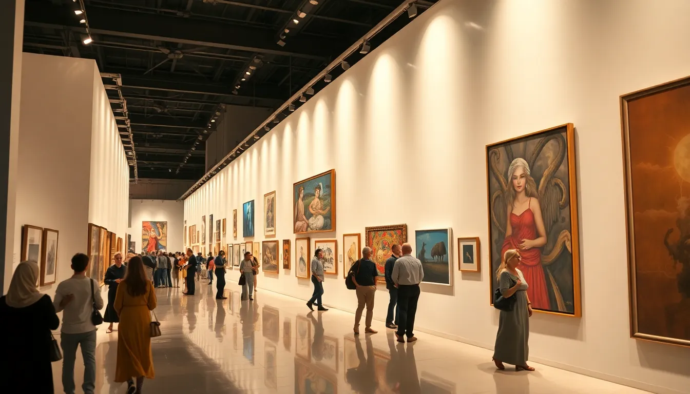 Art collection display showcasing various contemporary artworks in an elegantly arranged gallery setting.