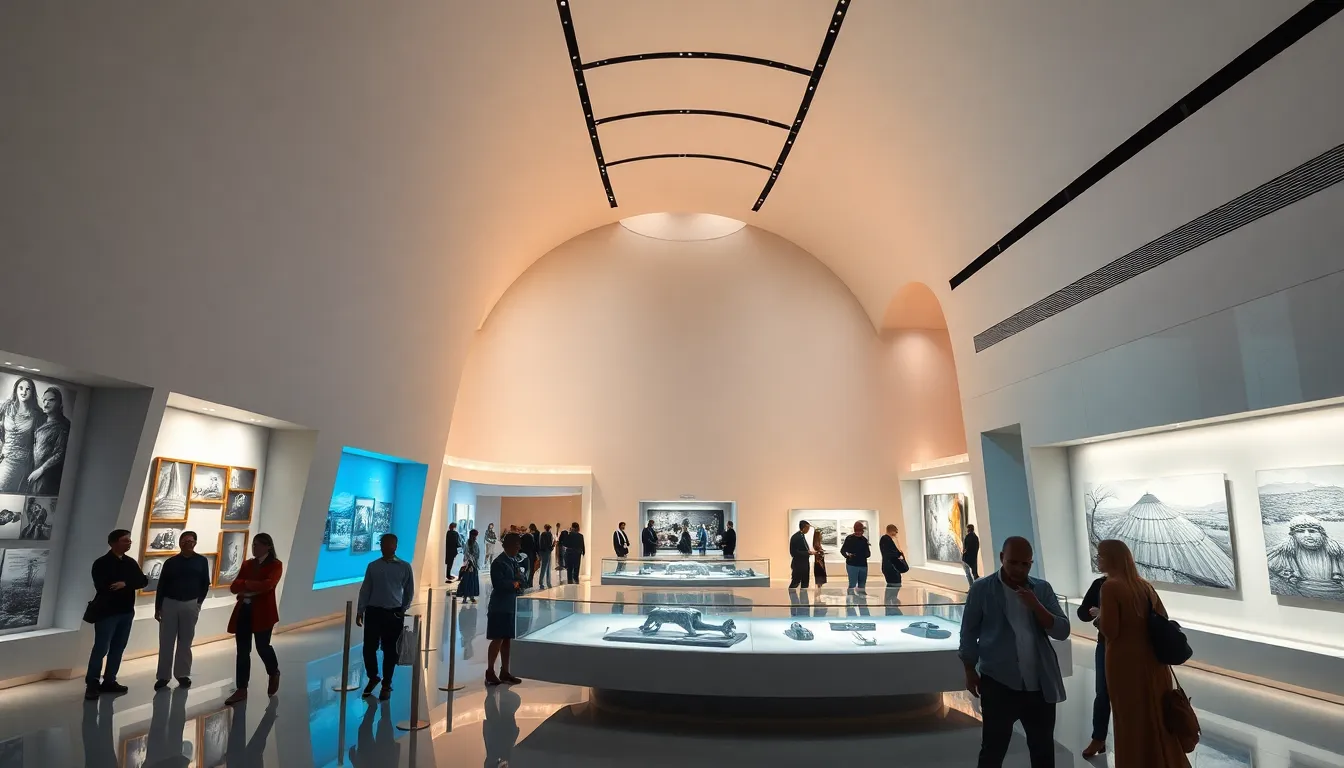 Collection d'œuvres d'art moderne exposée dans une galerie, mettant en avant des peintures et sculptures contemporaines.